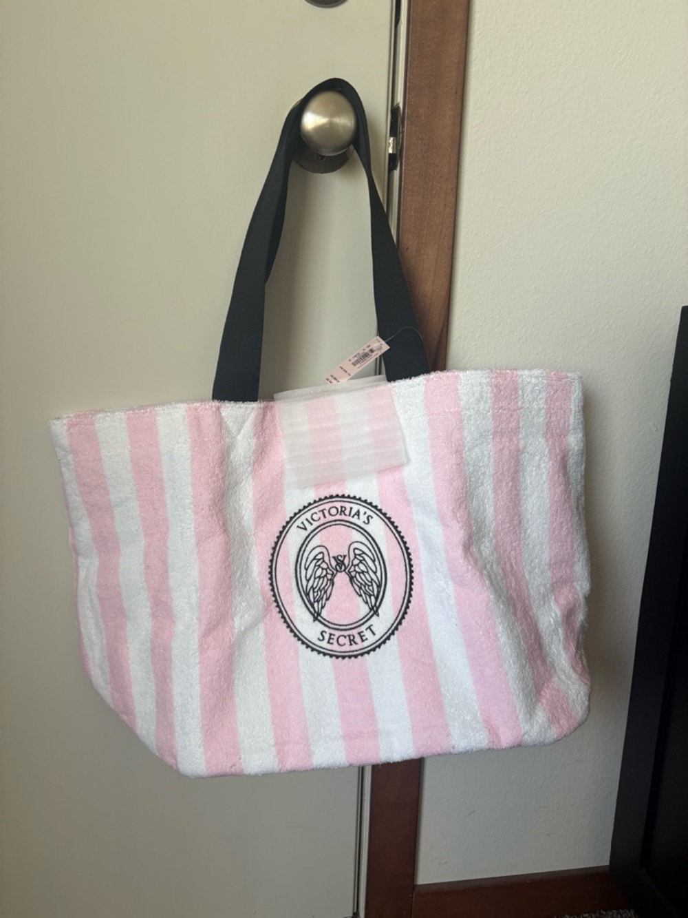 Victoria's Secret Pink & White Striped Tote with Black Handles